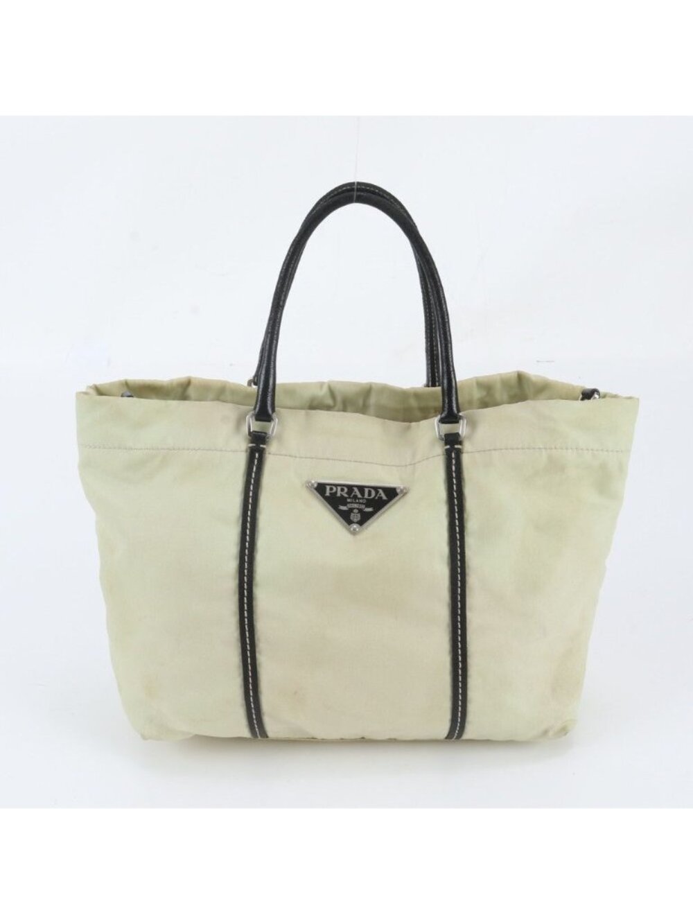 Prada White Tag Tessuto Nylon Triangle Logo Leather Handbag Tote
